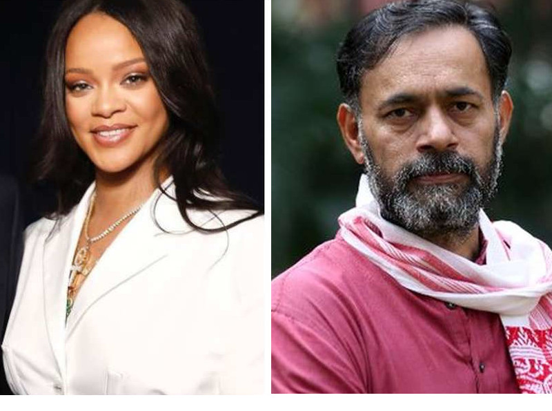 Yogendra Yadav giving stern looks to Rihanna